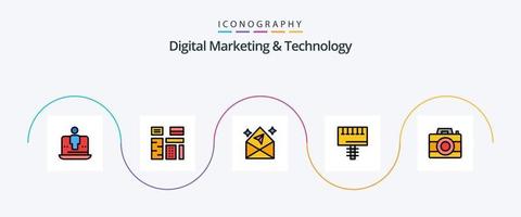 La línea de marketing digital y tecnología llenó el paquete de iconos planos 5 que incluye el letrero. publicidad. nativo. anuncio. correo vector