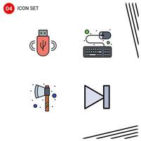 Mobile Interface Filledline Flat Color Set of 4 Pictograms of usb tomahawk storage mouse forward Editable Vector Design Elements