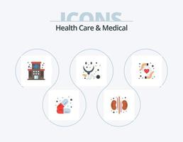 cuidado de la salud y paquete de iconos planos médicos 5 diseño de iconos. la salud del corazón. estetoscopio. cuidado de la salud. médico. cuidado vector