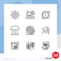 Group of 9 Modern Outlines Set for court of law court development building watch Editable Vector Design Elements