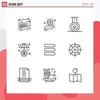 Pack of 9 Modern Outlines Signs and Symbols for Web Print Media such as heart gear insurance control task Editable Vector Design Elements