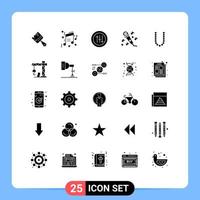 Pack of 25 Modern Solid Glyphs Signs and Symbols for Web Print Media such as architecture lux preferences beauty music Editable Vector Design Elements