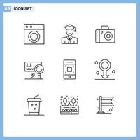 Mobile Interface Outline Set of 9 Pictograms of camera detection learning card analysis Editable Vector Design Elements