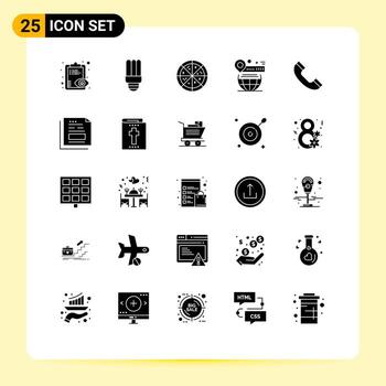 Editable Vector Line Pack of 25 Simple Solid Glyphs of data phone pizza call globe Editable Vector Design Elements