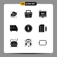 Pack of 9 creative Solid Glyphs of finance minibus toolkit family van monitor Editable Vector Design Elements