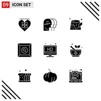 Mobile Interface Solid Glyph Set of 9 Pictograms of medicine screen pollution hd product Editable Vector Design Elements
