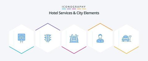 servicios de hotel y elementos de la ciudad paquete de 25 íconos azules que incluye automóvil. hotel. escalera. portero. botones vector