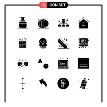Group of 16 Modern Solid Glyphs Set for tool hut vegetables house building Editable Vector Design Elements