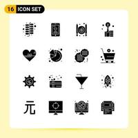 Pack of 16 Modern Solid Glyphs Signs and Symbols for Web Print Media such as favorite heart paid smart hand Editable Vector Design Elements