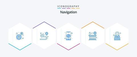 paquete de iconos azules de navegación 25 que incluye mapa. GPS. Brújula. localización. edificio vector