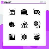 Group of 9 Solid Glyphs Signs and Symbols for protective football wallet equipment multimedia Editable Vector Design Elements