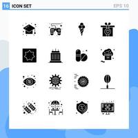 Modern Set of 16 Solid Glyphs Pictograph of buildings geometry ice cream brain present Editable Vector Design Elements