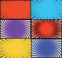 Comic book colorful frames background with halftone rays radial and dotted effects pop art style vector