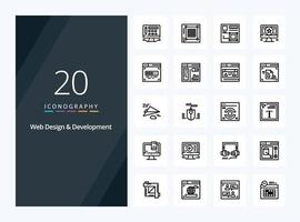 20 icono de esquema de diseño y desarrollo web para presentación vector