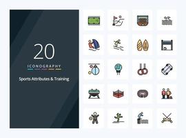 20 Sports Atributes And Sports Training line Filled icon for presentation vector