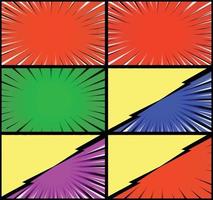 Comic book colorful frames background with halftone rays radial and dotted effects pop art style vector