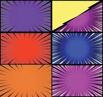 Comic book colorful frames background with halftone rays radial and dotted effects pop art style vector