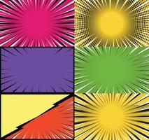 Comic book colorful frames background with halftone rays radial and dotted effects pop art style vector