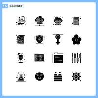 Universal Icon Symbols Group of 16 Modern Solid Glyphs of files interface hosting interaction apps Editable Vector Design Elements