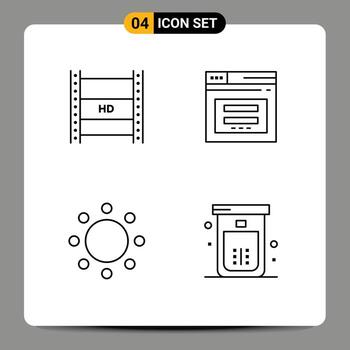 Mobile Interface Line Set of 4 Pictograms of digital video broadcasting website hd streaming page commitment Editable Vector Design Elements