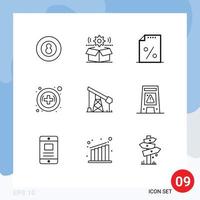 Pictogram Set of 9 Simple Outlines of construction medical gear hospital payment Editable Vector Design Elements