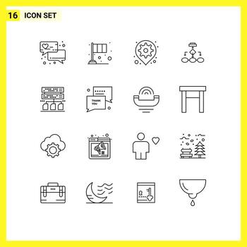conjunto de esquema de interfaz móvil de 16 pictogramas del algoritmo de engranaje de negocio de esquema que configura elementos de diseño de vector editables