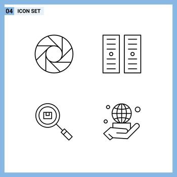 Set of 4 Modern UI Icons Symbols Signs for camera product data center box hand Editable Vector Design Elements