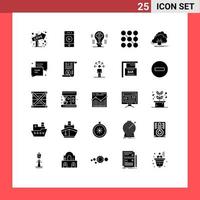 Set of 25 Commercial Solid Glyphs pack for connection security brain pattern imagination Editable Vector Design Elements