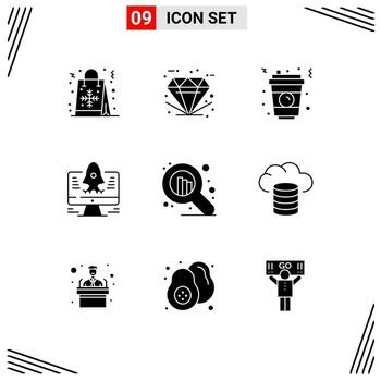 User Interface Pack of 9 Basic Solid Glyphs of seo rocket premium computer fast food Editable Vector Design Elements