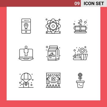 Group of 9 Outlines Signs and Symbols for service computer power laptop drink Editable Vector Design Elements