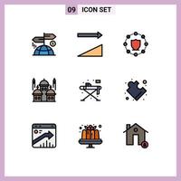 Mobile Interface Filledline Flat Color Set of 9 Pictograms of living pray protect moon masjid Editable Vector Design Elements