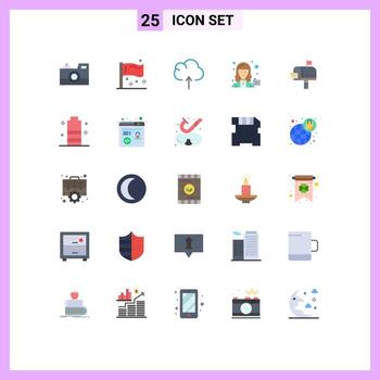 25 Universal Flat Color Signs Symbols of user female global camera upload Editable Vector Design Elements