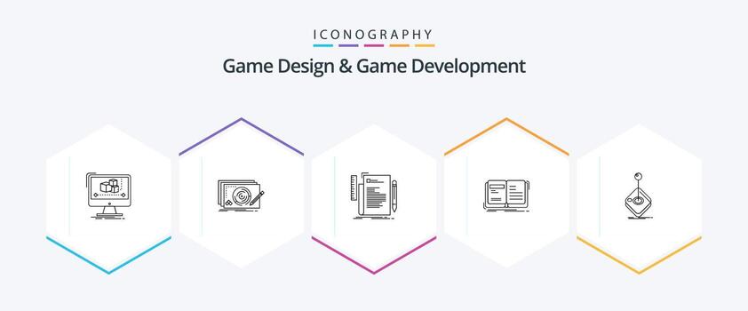 paquete de iconos de 25 líneas de diseño y desarrollo de juegos que incluye open. autor. completo. guion. expediente vector