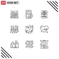 Outline Pack of 9 Universal Symbols of party celebration diving instructor honeymoon hanging wedding Editable Vector Design Elements