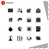 Group of 16 Solid Glyphs Signs and Symbols for cart building scoop apartment settings Editable Vector Design Elements