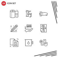 Set of 9 Vector Outlines on Grid for pencil ruler faucet education transportation Editable Vector Design Elements