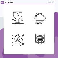 4 User Interface Line Pack of modern Signs and Symbols of caution bonfire logistic rain camping Editable Vector Design Elements