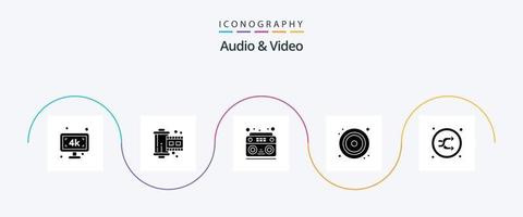 paquete de iconos de glifo 5 de audio y video que incluye mezcla. video. audio. DVD. discos compactos vector