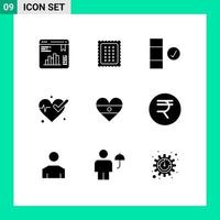 Group of 9 Modern Solid Glyphs Set for heart indian meal beat medical Editable Vector Design Elements