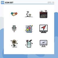 Set of 9 Commercial Filledline Flat Colors pack for record microphone coffee video movie Editable Vector Design Elements