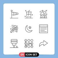 Pictogram Set of 9 Simple Outlines of moon graph magnifying shopping graph analysis wine Editable Vector Design Elements