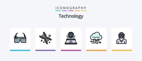 la línea de tecnología llenó el paquete de 5 iconos, incluido el juguete. robot. edificio. tecnología. cohete. diseño de iconos creativos vector