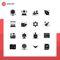 paquete de 16 signos y símbolos de glifos sólidos modernos para medios de impresión web, como elementos de diseño de vectores editables del equipo verde del estudiante de hoja de tablero