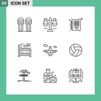 Pictogram Set of 9 Simple Outlines of plane sleep test tube hostel bed Editable Vector Design Elements