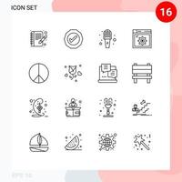 Universal Icon Symbols Group of 16 Modern Outlines of peace freedom microphone internet setting Editable Vector Design Elements