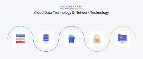 Cloud Data Technology And Network Technology Flat 5 Icon Pack Including data. security. cloud. loucked. louck vector