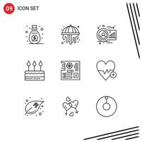 Editable Vector Line Pack of 9 Simple Outlines of board holiday avatar event cake Editable Vector Design Elements