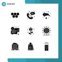 Universal Icon Symbols Group of 9 Modern Solid Glyphs of flower decoration left time clock Editable Vector Design Elements