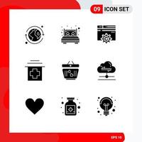 Editable Vector Line Pack of 9 Simple Solid Glyphs of heart cart web medical healthcare Editable Vector Design Elements