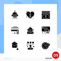 Mobile Interface Solid Glyph Set of 9 Pictograms of artificial size heart level measurement Editable Vector Design Elements